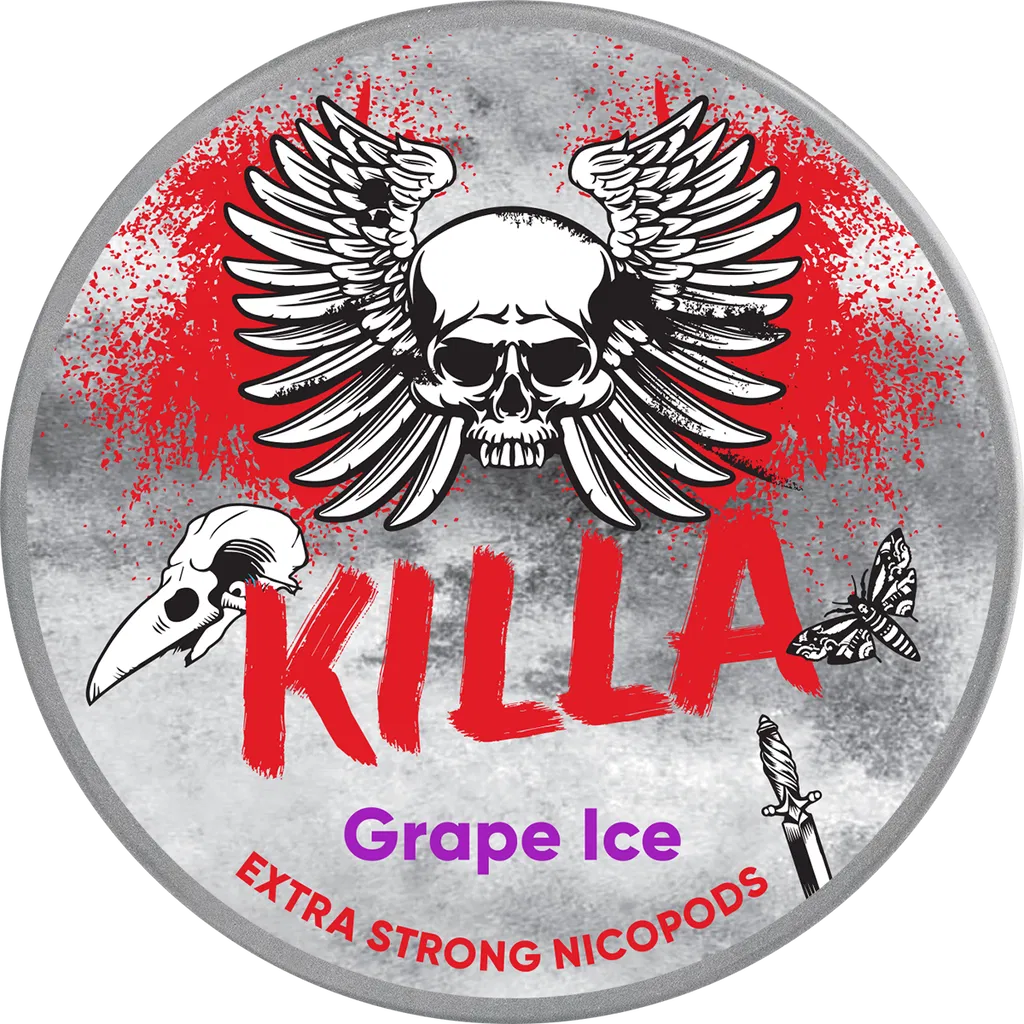 KILLA Grape Ice extra strong nicotine pouch can. Purple and white design, all white slim pouch with cool grape ice flavor. Extra strong strength.