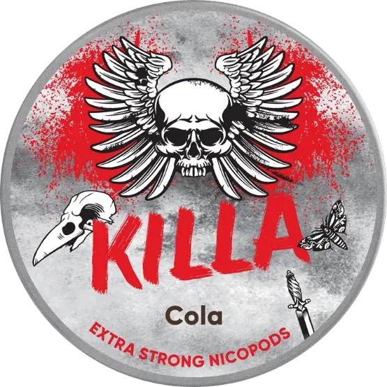 KILLA Cola nicotine pouch can. Brown and white design, all white slim pouch with classic cola flavor. Strong and refreshing.