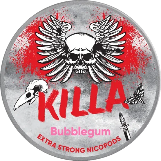 Close-up of KILLA Bubblegum all white nicotine pouch can. Slim format, classic bubblegum taste, bold and sweet.