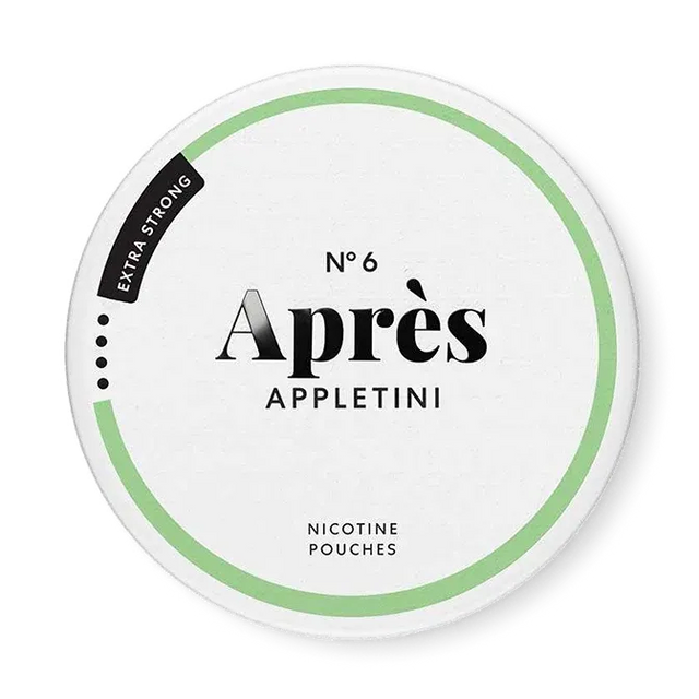 Après Appletini nicotine pouch can. Green and white design, all white slim pouch with sweet apple cocktail flavor. Fresh and unique.