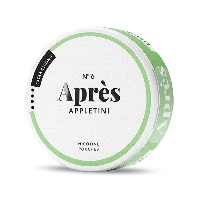 Après Appletini nicotine pouch can. Green and white design, all white slim pouch with sweet apple cocktail flavor. Fresh and unique.