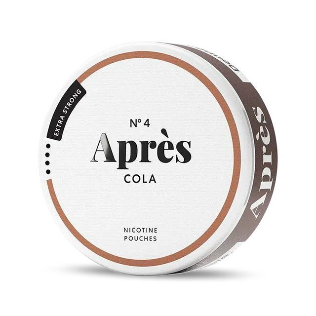 Après Cola Extra Strong nicotine pouch can. Brown and white design, all white slim pouch with classic cola flavor. Extra strong and bold.