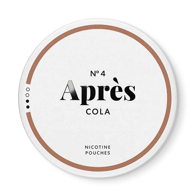 Après Cola nicotine pouch can. Brown and white design, all white slim pouch with classic cola flavor. Refreshing and bold.