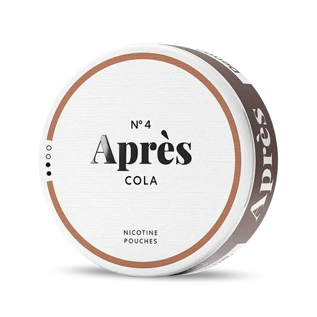 Après Cola nicotine pouch can. Brown and white design, all white slim pouch with classic cola flavor. Refreshing and bold.