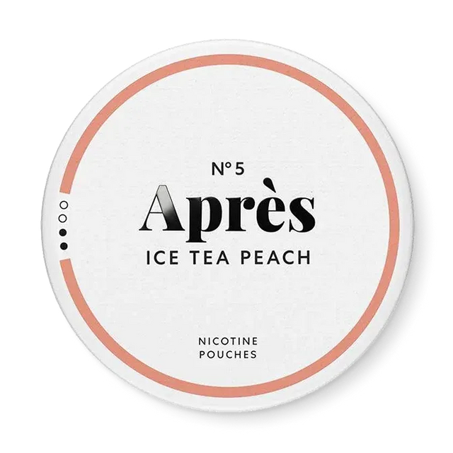 Après Ice Tea Peach nicotine pouch can. Peach and white design, all white slim pouch with sweet iced tea and peach flavor. Refreshing and fruity.