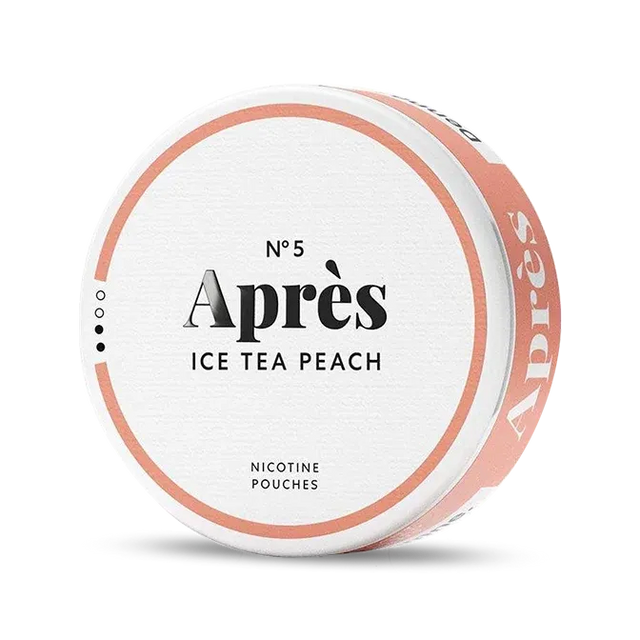 Après Ice Tea Peach nicotine pouch can. Peach and white design, all white slim pouch with sweet iced tea and peach flavor. Refreshing and fruity.
