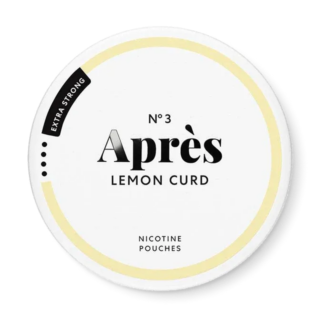 Après Lemon Curd Extra Strong nicotine pouch can. Yellow and white design, all white slim pouch with tangy lemon curd flavor. Extra strong and zesty.