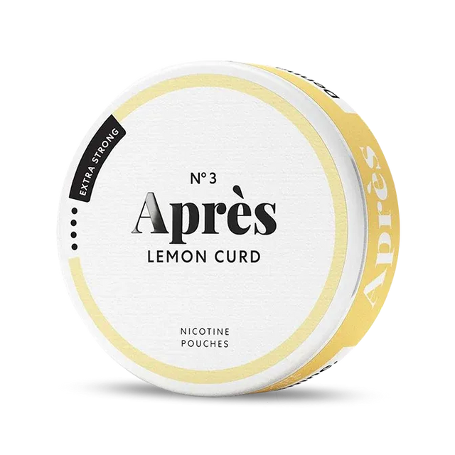 Après Lemon Curd Extra Strong nicotine pouch can. Yellow and white design, all white slim pouch with tangy lemon curd flavor. Extra strong and zesty.