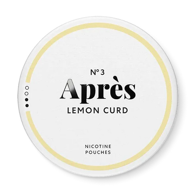 Après Lemon Curd nicotine pouch can. Yellow and white design, all white slim pouch with creamy lemon curd flavor. Zesty and smooth.