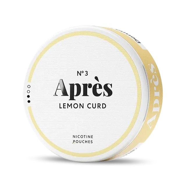Après Lemon Curd nicotine pouch can. Yellow and white design, all white slim pouch with creamy lemon curd flavor. Zesty and smooth.