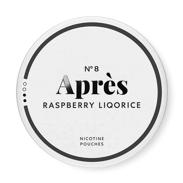 Après Raspberry Liqorice nicotine pouch can. Purple and white design, all white slim pouch with raspberry and liquorice flavor. Fruity and unique.