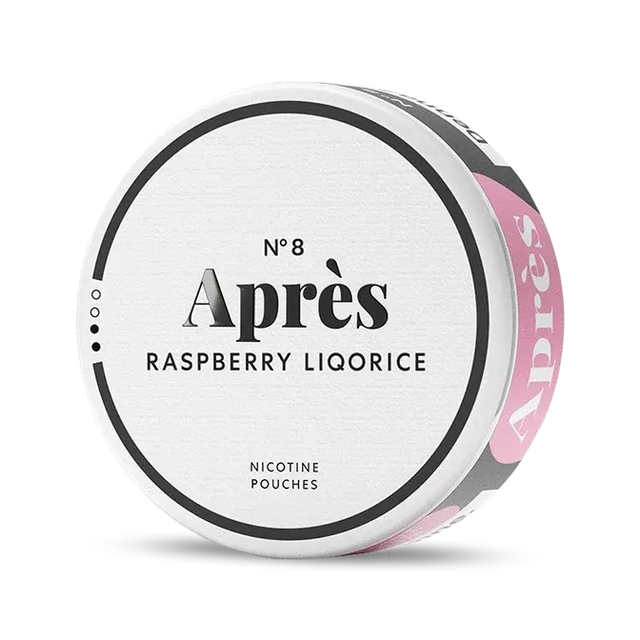 Après Raspberry Liqorice nicotine pouch can. Purple and white design, all white slim pouch with raspberry and liquorice flavor. Fruity and unique.