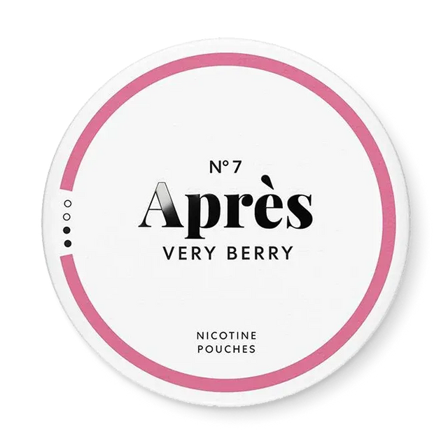 Après Very Berry No.7 nicotine pouch can. Purple and white design, all white slim pouch with mixed berry flavor. Fruity and vibrant.
