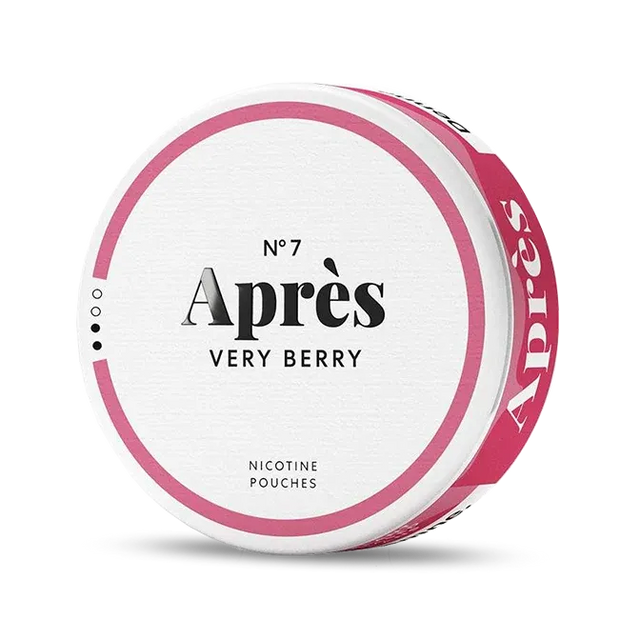 Après Very Berry No.7 nicotine pouch can. Purple and white design, all white slim pouch with mixed berry flavor. Fruity and vibrant.