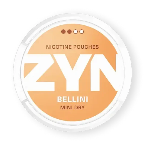 ZYN Bellini Mini Dry nicotine pouch can. Peach and white design, all white mini pouch with dry Bellini cocktail flavor. Discreet and fruity.
