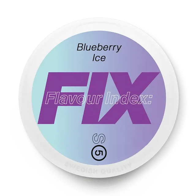 Fix Blueberry Ice nicotine pouch can. Blue and white design, all white slim pouch with blueberry and ice flavor. Fruity and refreshing.