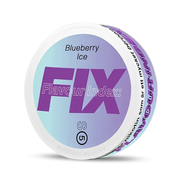 Fix Blueberry Ice nicotine pouch can. Blue and white design, all white slim pouch with blueberry and ice flavor. Fruity and refreshing.