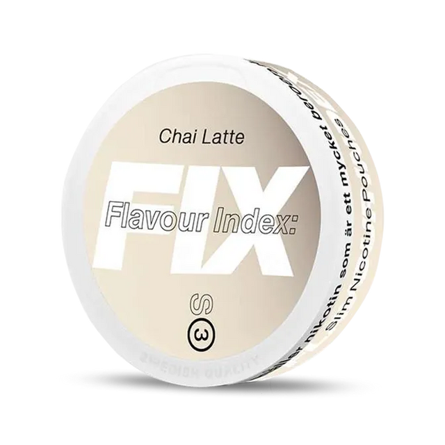 Fix Chai Latte nicotine pouch can. Brown and white design, all white slim pouch with chai latte flavor. Spicy and smooth.