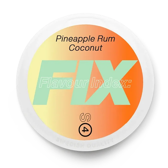 Fix Pineapple Rum Coconut nicotine pouch can. Yellow and white design, all white slim pouch with pineapple, rum, and coconut flavor. Tropical and unique.