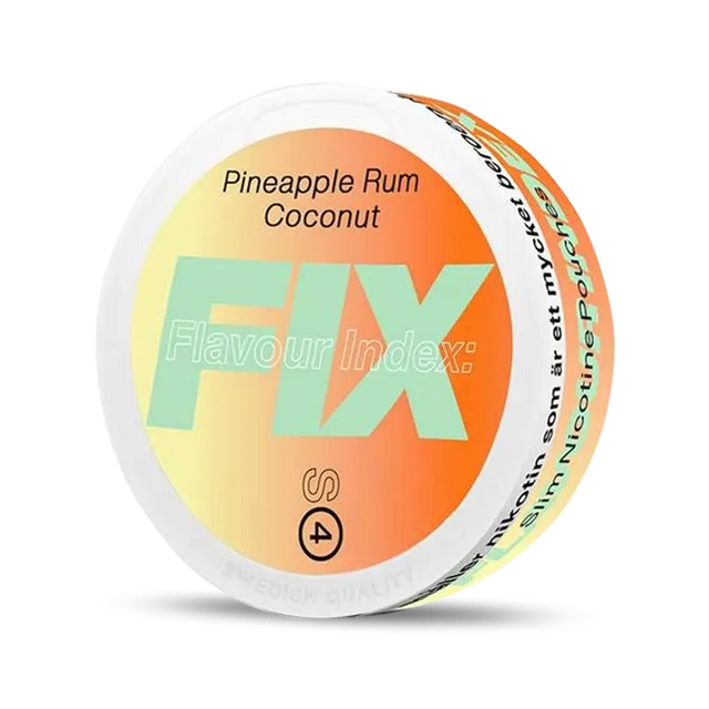 Fix Pineapple Rum Coconut nicotine pouch can. Yellow and white design, all white slim pouch with pineapple, rum, and coconut flavor. Tropical and unique.