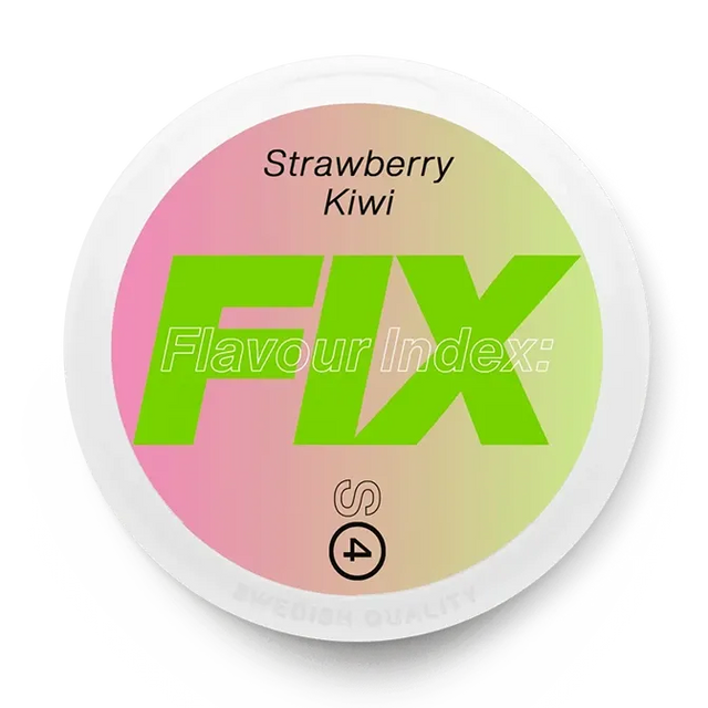Fix Strawberry Kiwi nicotine pouch can. Red and green design, all white slim pouch with strawberry and kiwi flavor. Fruity and fresh.