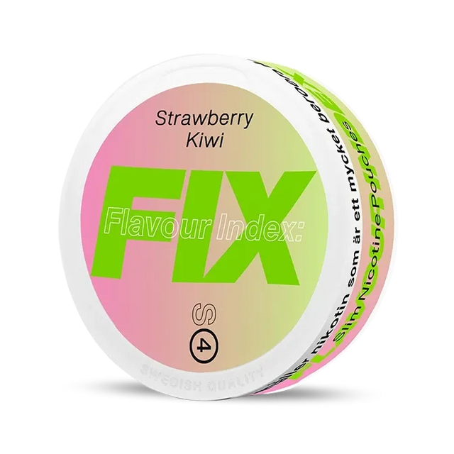 Fix Strawberry Kiwi nicotine pouch can. Red and green design, all white slim pouch with strawberry and kiwi flavor. Fruity and fresh.
