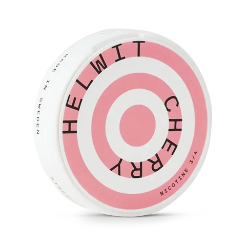 Helwit Cherry Slim nicotine pouch can. Red and white design, all white slim pouch with sweet cherry flavor. Fruity and fresh.
