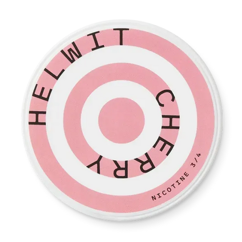 Helwit Cherry Slim nicotine pouch can. Red and white design, all white slim pouch with sweet cherry flavor. Fruity and fresh.