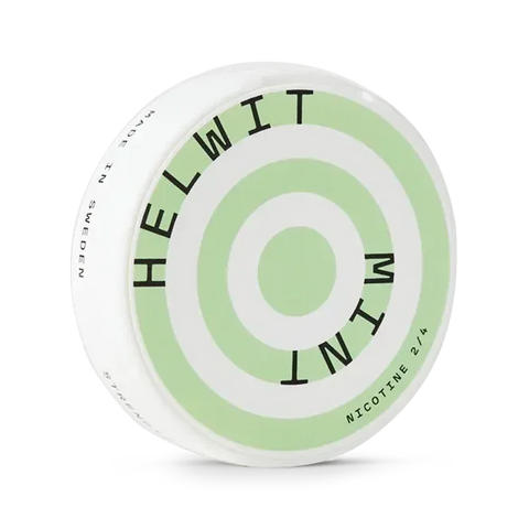 Helwit Mint Slim nicotine pouch can. Green and white design, all white slim pouch with fresh mint flavor. Cooling and crisp.