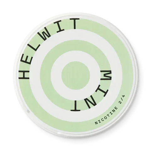Helwit Mint Slim nicotine pouch can. Green and white design, all white slim pouch with fresh mint flavor. Cooling and crisp.
