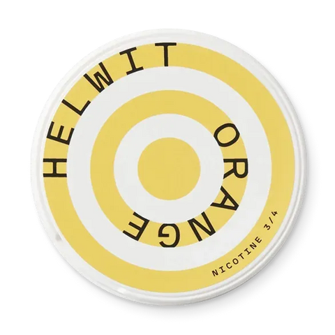 Helwit Orange Slim nicotine pouch can. Orange and white design, all white slim pouch with juicy orange flavor. Fruity and fresh.