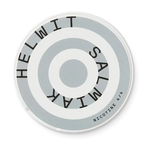 Helwit Salmiak nicotine pouch can. Black and white design, all white slim pouch with classic salmiak (salty licorice) flavor. Bold and unique.