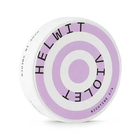 Helwit Violet Slim nicotine pouch can. Purple and white design, all white slim pouch with floral violet flavor. Unique and fresh.