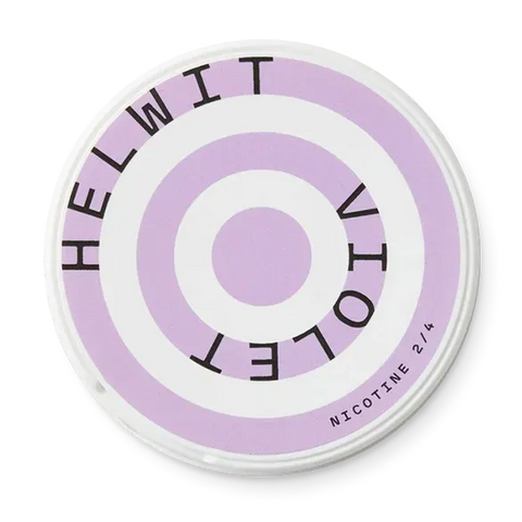 Helwit Violet Slim nicotine pouch can. Purple and white design, all white slim pouch with floral violet flavor. Unique and fresh.