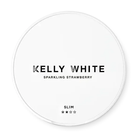 KELLY WHITE Sparkling Strawberry nicotine pouch can. Pink and white design, all white slim pouch with sparkling strawberry flavor. Fruity and lively.