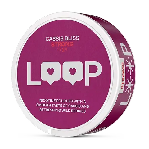 Close-up of LOOP Cassis Bliss Slim all white nicotine pouch can. Slim format, cassis blackcurrant taste, stylish packaging.