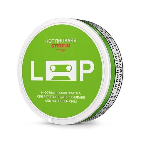 Loop Hot Rhubarb Strong nicotine pouch can. Pink and white design, all white slim pouch with hot rhubarb flavor. Strong and unique.