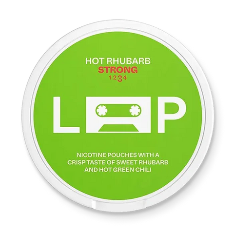 Loop Hot Rhubarb Strong nicotine pouch can. Pink and white design, all white slim pouch with hot rhubarb flavor. Strong and unique.