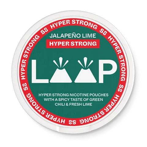LOOP Jalapeno Lime Hyper Strong nicotine pouch can. Green and white design, all white slim pouch with spicy jalapeno and lime flavor. Hyper strong strength.