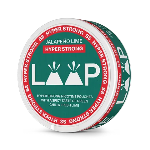 LOOP Jalapeno Lime Hyper Strong nicotine pouch can. Green and white design, all white slim pouch with spicy jalapeno and lime flavor. Hyper strong strength.