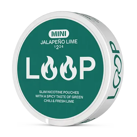 Close-up of LOOP Jalapeno Lime Mini all white nicotine pouch can. Mini format, jalapeno lime taste, compact and vibrant packaging.