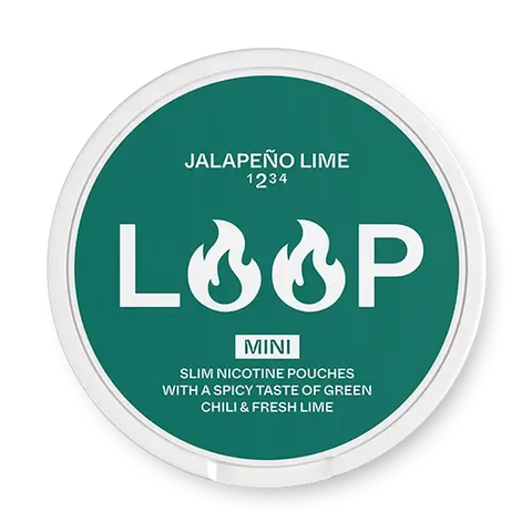 Close-up of LOOP Jalapeno Lime Mini all white nicotine pouch can. Mini format, jalapeno lime taste, compact and vibrant packaging.
