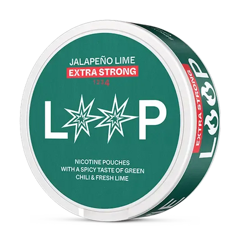 LOOP Jalapeno Lime Extra Strong nicotine pouch can. Green and white design, all white slim pouch with spicy jalapeno and lime flavor. Extra strong.