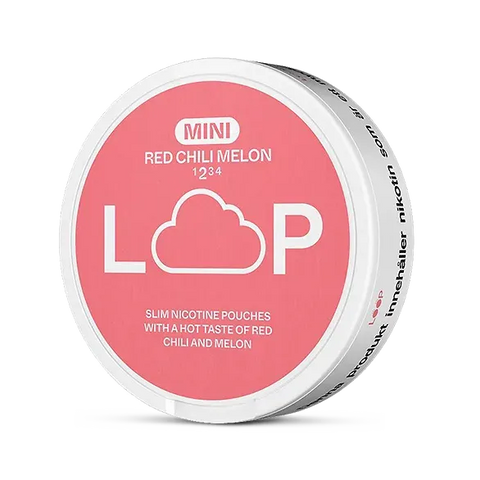 Close-up of LOOP Red Chili Melon Mini all white nicotine pouch can. Mini format, chili melon taste, compact and vibrant packaging.