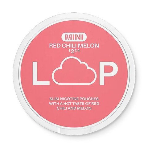 Close-up of LOOP Red Chili Melon Mini all white nicotine pouch can. Mini format, chili melon taste, compact and vibrant packaging.