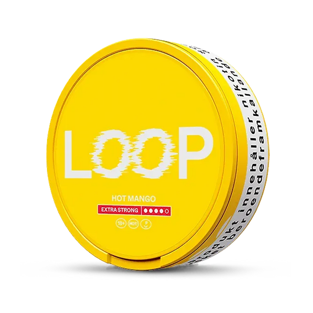 LOOP Hot Mango Extra Strong nicotine pouch can. Yellow and white design, all white slim pouch with spicy hot mango flavor. Extra strong strength.