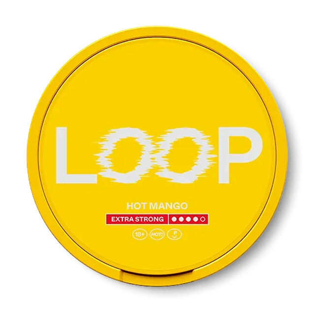 LOOP Hot Mango Extra Strong nicotine pouch can. Yellow and white design, all white slim pouch with spicy hot mango flavor. Extra strong strength.