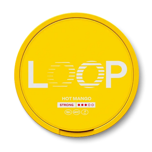 Loop Hot Mango Strong nicotine pouch can. Yellow and white design, all white slim pouch with spicy hot mango flavor. Strong and exotic.