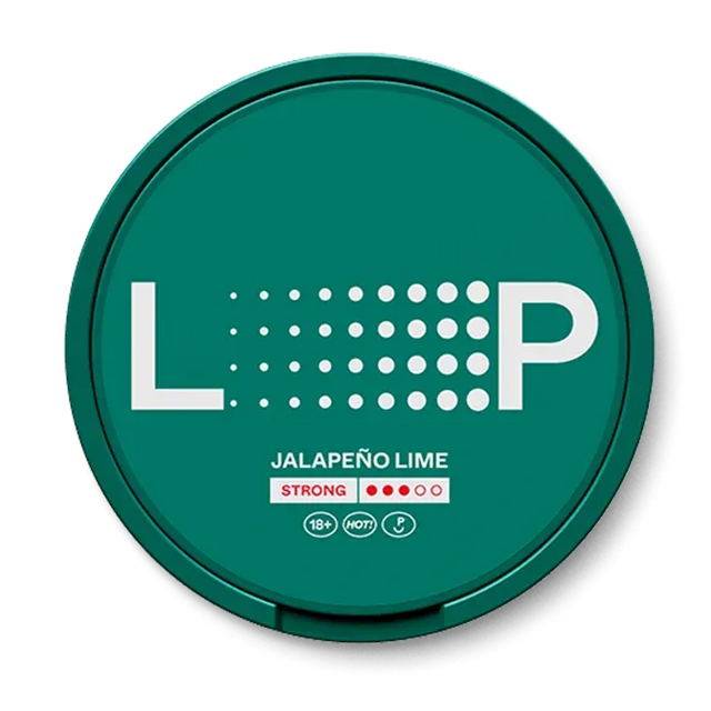 LOOP Jalapeno Lime nicotine pouch can. Green and white design, all white slim pouch with spicy jalapeno and lime flavor. Fresh and bold.