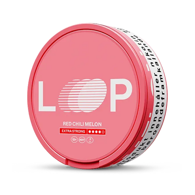 LOOP Red Chili Melon Extra Strong nicotine pouch can. Red and white design, all white slim pouch with spicy chili and sweet melon flavor. Extra strong.